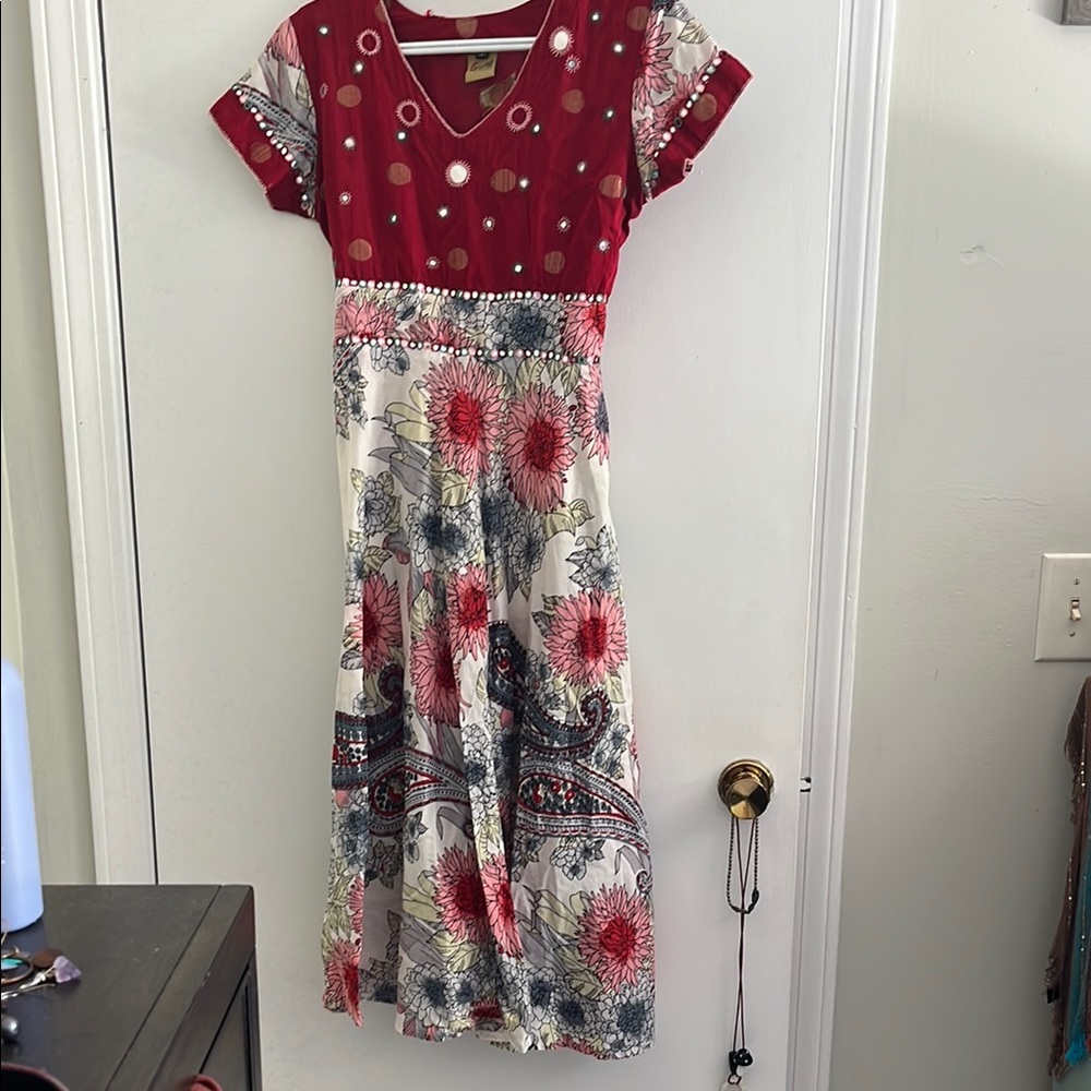 Bohemian Indian Style Pink and Red Midi Embroidered Mirrored Sundress Small